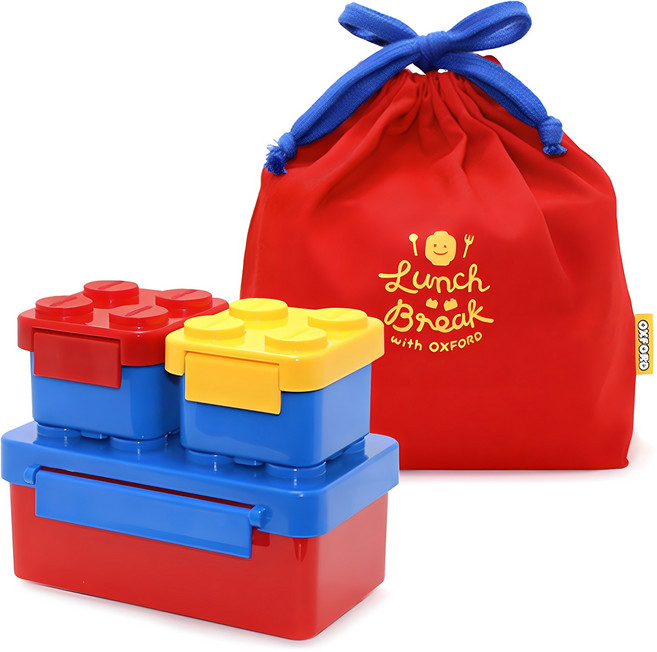 옥스포드 아동용 블럭 런치박스 + 파우치 세트, 레드, 1세트