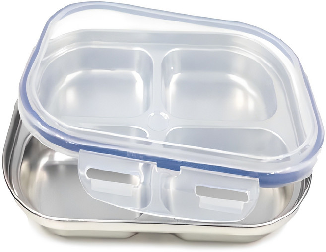 CS 304 스테인레스 4구 나눔접시 + 밀폐 뚜껑 세트, 1개, 단품