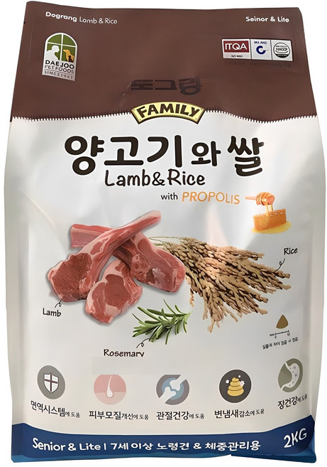 도그랑 시니어 강아지 훼미리 건식사료, 양+쌀, 2kg, 1개