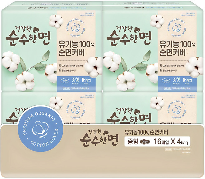 순수한면 건강한 생리대 날개형, 중형, 16매입, 4개