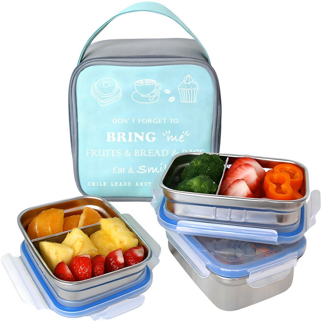 브링미 스텐 3단 도시락 세트 430ml 도시락 + 290ml 칸막이도시락 2p + 가방, 블루, 1세트