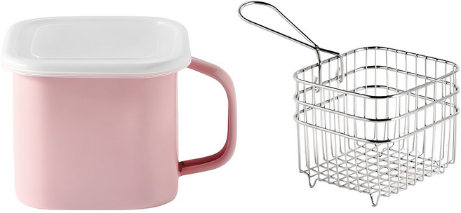 모다키친 인덕션 사각 캐니스터 법랑냄비 1.45L + 커버 + 튀김망 세트, 14cm, 핑크, 1세트