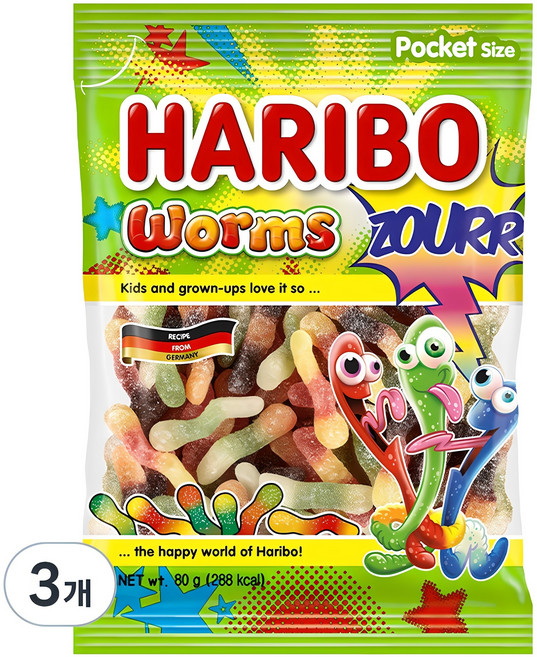 하리보 웜즈 사우어 젤리, 80g, 3개