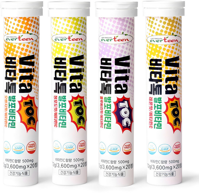 에버틴 비타톡 발포 비타민C 레몬맛+오렌지맛+청포도맛+블루베리맛, 80정, 1세트