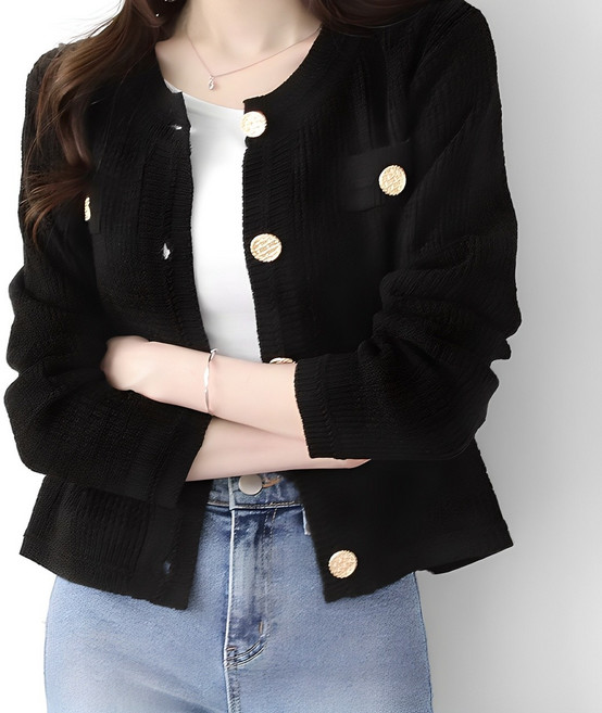 여성용 라운드넥 골드버튼 소미 트위드 가디건 g1255