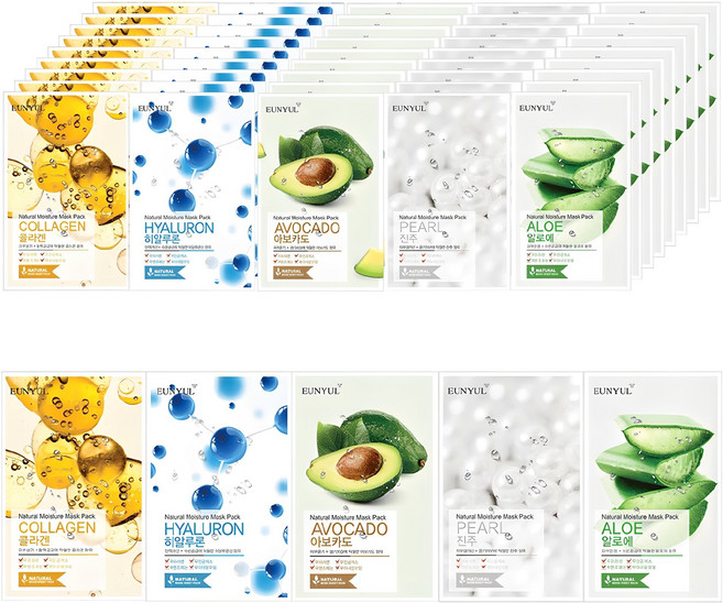은율 내츄럴 모이스쳐 마스크팩 알로에 10p + 콜라겐 10p + 진주 10p + 히알루론 10p + 아보카도 10p, 50개입, 1개
