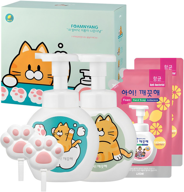 아이깨끗해 폼냥이 핸드워시 레몬향 250ml 2p + 리필 200ml 2p + 거품툴 2p + 폼냥이스티커 2p, 1개