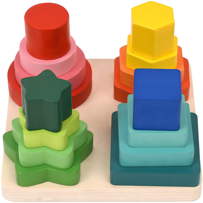 오즈토이 목제 4단 4층 모양 도형끼우기 블록 16p, 혼합색상, 1세트