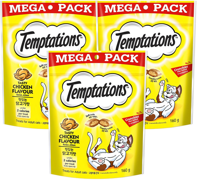 템테이션 고양이 메가팩 스낵 간식, 맛있는 닭고기맛, 160g, 3개