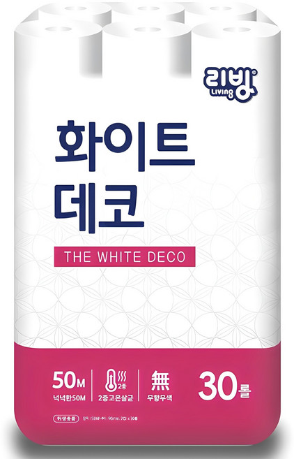 리빙티슈 2겹 화이트데코 일반롤화장지, 50m, 30개입, 1개