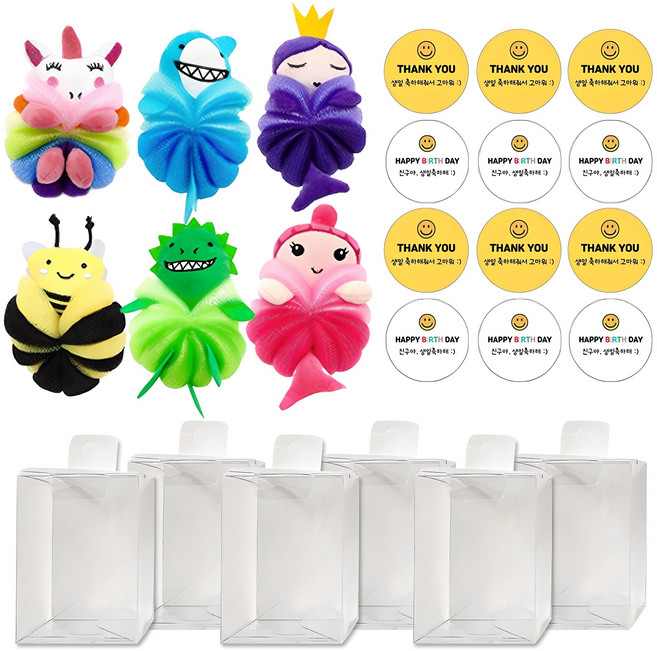 캐릭터 샤워볼 어린이집 생일선물+상자+스티커2P 세트, 혼합색상, 6세트