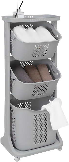 네이쳐리빙 모던 트롤리 스윙 3단 빨래바구니, 그레이