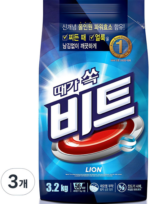 비트 분말세제 일반용, 3.2kg, 3개