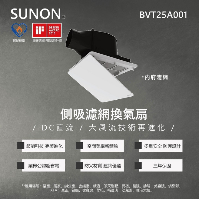 SUNON 建準 側吸濾網換氣扇DC直流變頻 (不含安裝) 節能省電 大風量循環, BVT25A001