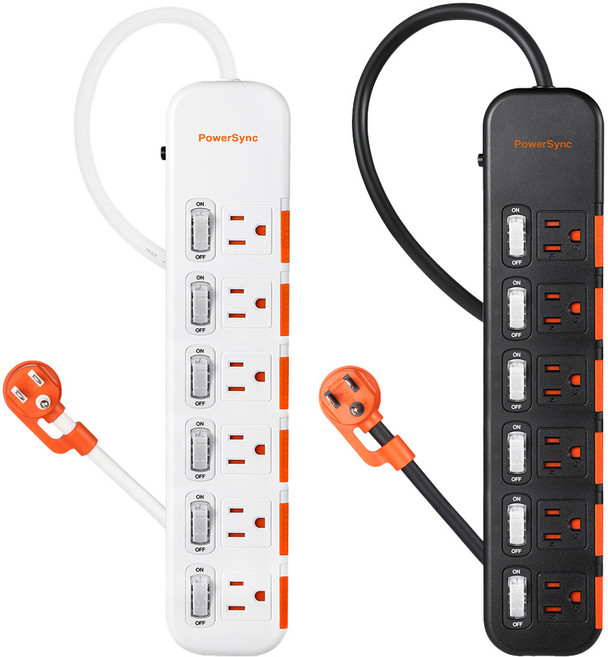 PowerSync 群加 6開6插3P插座 安全滑蓋防塵防雷擊電源延長線4.5米，獨立開關，防雷擊，安全滑蓋, 白色, 1個, 4.5m