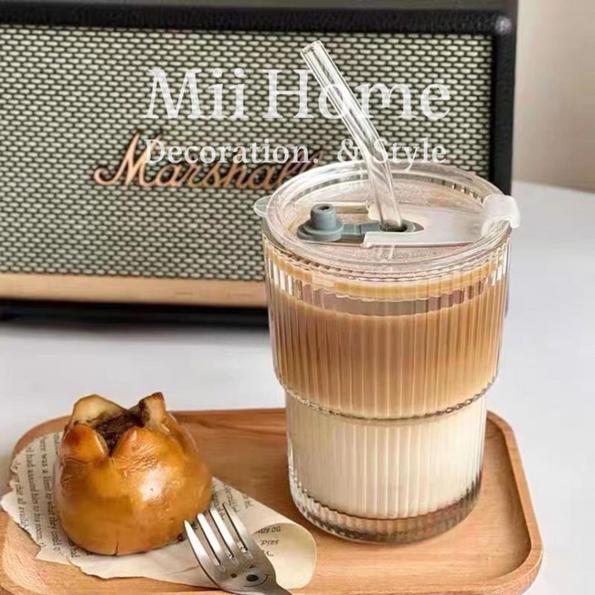 Mii厝邊 法式豎款玻璃杯 造型玻璃杯 杯子 水杯, 玻璃杯＋杯蓋＋吸管, 1個