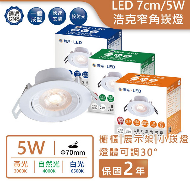 舞光LED 浩克崁燈 7cm 5W 窄角崁燈 CNS認證 節能省電 燈體可調 實體門市保固兩年, 白色