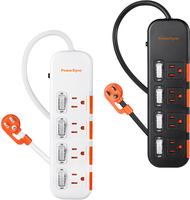PowerSync 群加 4開4插3P插孔安全滑蓋防塵防雷擊電源延長線2.7米，獨立開關省電，防雷擊保護電器, 2.7m, 1個, 黑色