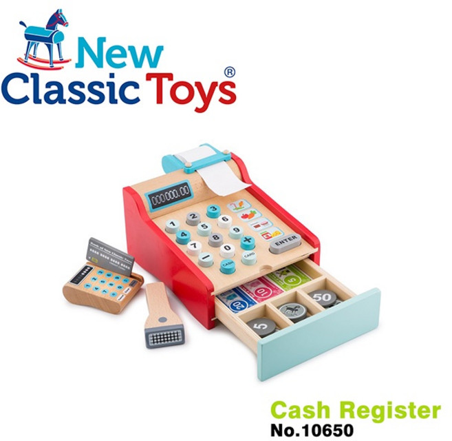 New Classic Toys 荷蘭木製收銀機玩具 - 10650 家家酒收銀台玩具 角色扮演玩具 木製玩具, 紅色, 1個