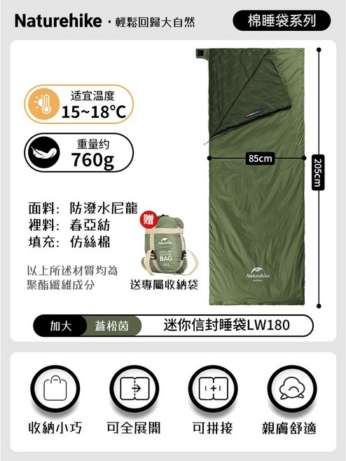 Naturehike 迷你信封睡袋 可拼接 輕巧便攜 露營登山 戶外, LW180睡袋XL【綠色】, 1個
