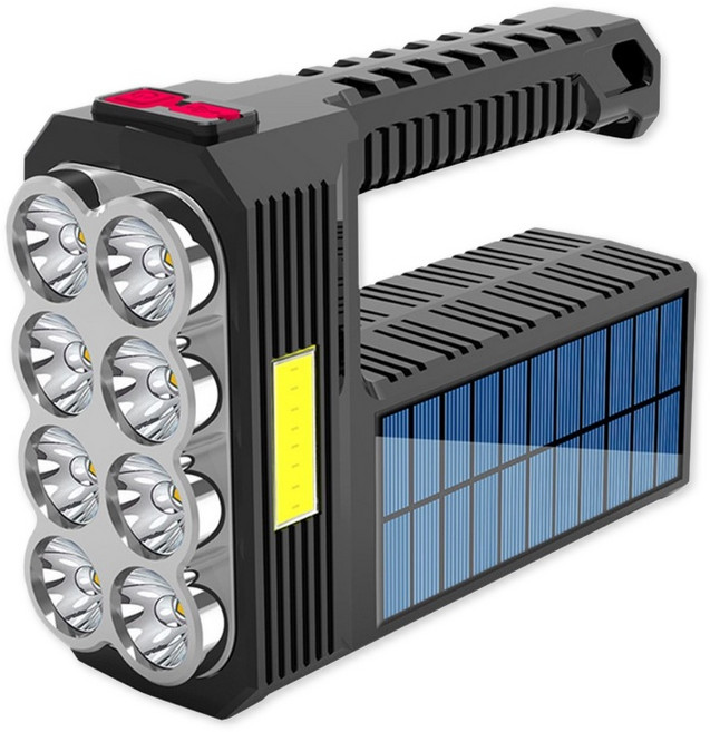 太陽能八燈頭COB露營燈 LED手電筒 手提式探照燈, 黑色, 1套