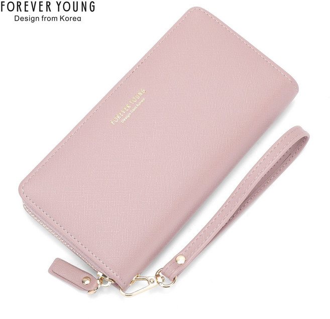 FOREVER YOUNG 拉鍊長夾 多卡夾 PU防刮十字紋錢包