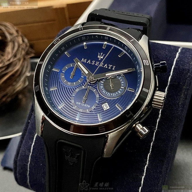 MASERATI 手錶 R8871624003 44mm 銀色錶殼 寶藍色三眼 深黑色矽膠錶帶 防水100米 男女通用