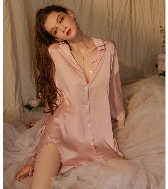 午夜衣櫥 冰絲緞面襯衫性感睡衣