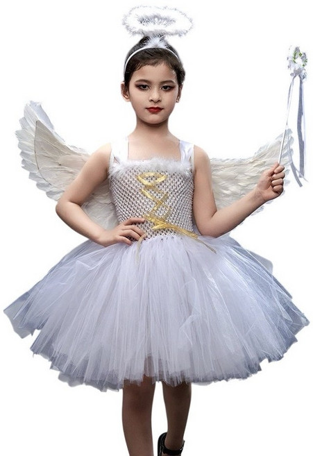 兒童白色天使翅膀連身紗裙 派對表演服裝 女童天使裝扮