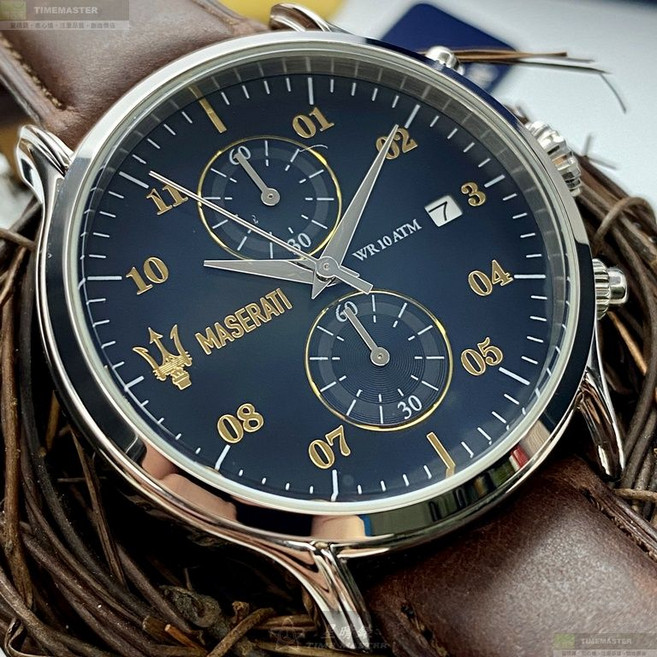 MASERATI手錶 R8871618001 42mm 寶藍色雙眼錶面 咖啡色真皮錶帶