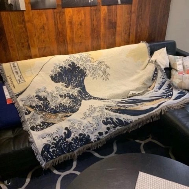 露營美學流蘇地毯, 藍色和米色