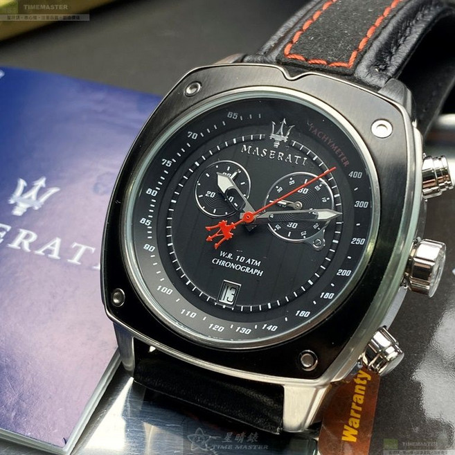 MASERATI手錶 R8871606001 44mm 酒桶型 精鋼錶殼 黑色雙眼 運動 深黑色真皮皮革錶帶 原廠限量款