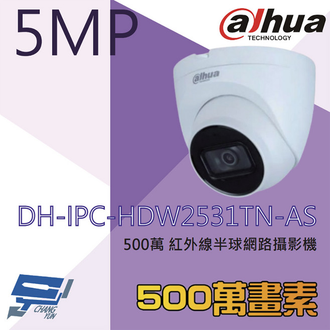 大華 DH-IPC-HDW2531TN-AS 500萬像素 紅外線半球型 網路攝影機 內建麥克風 PoE供電, 1個, 數量