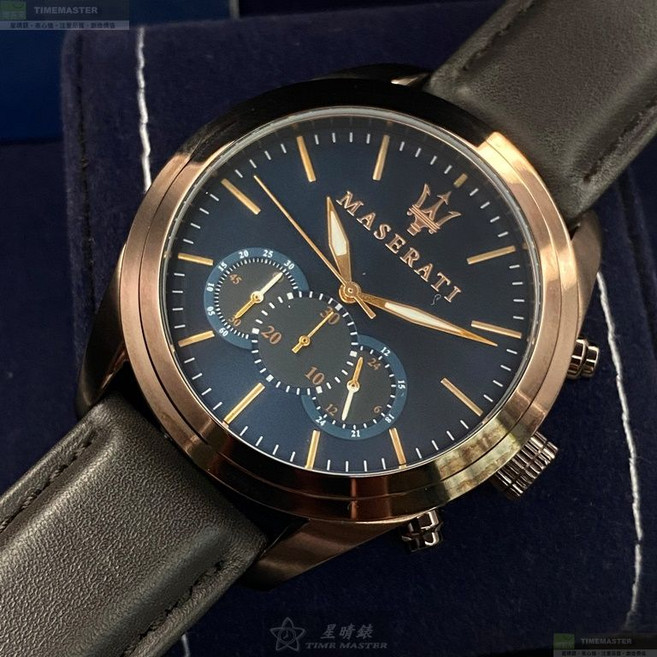 MASERATI手錶 R8871612008 古銅色錶殼 寶藍色三眼 咖啡色真皮錶帶 46mm