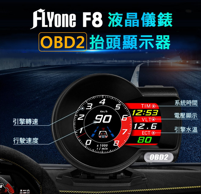 FLYone F8 液晶儀錶 多功能HUD抬頭顯示器, 單系統(OBD2), 1套