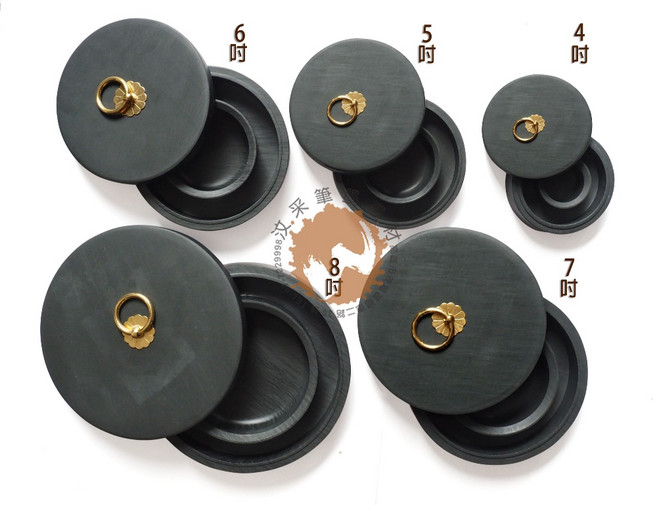 汶采精品銅拉環火鍋硯 細羅紋新歙硯, 4吋