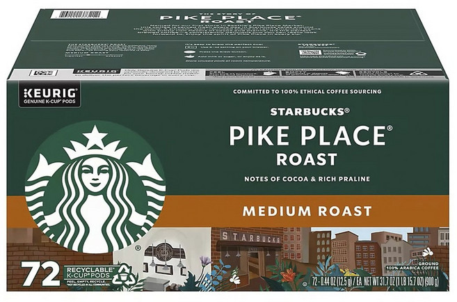 STARBUCKS 星巴克 星巴克無咖啡因 Pike Place 中度烘焙 Keurig 膠囊咖啡 24 粒, 12.5克, 1個, 72入