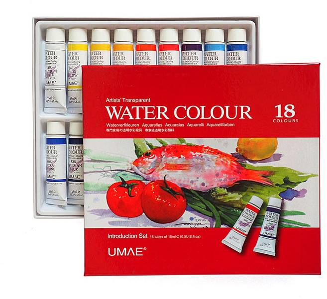 UMAE 奧馬透明水彩 18色套裝 專業級顏料, 15ml