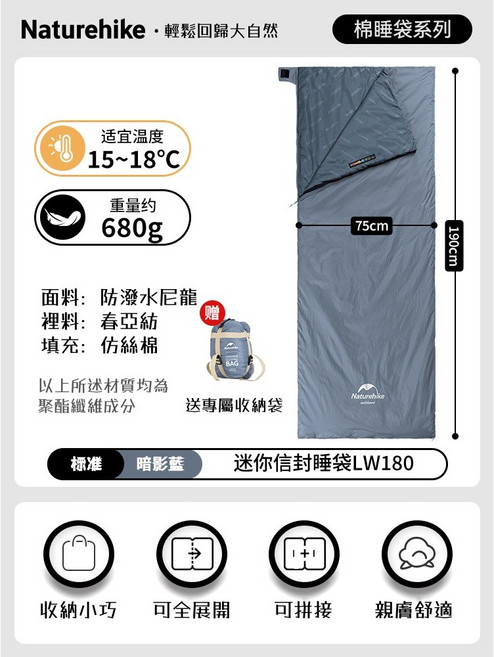 Naturehike 迷你信封睡袋 可拼接 輕巧便攜 露營登山 戶外, LW180睡袋M【藍色】, 1個