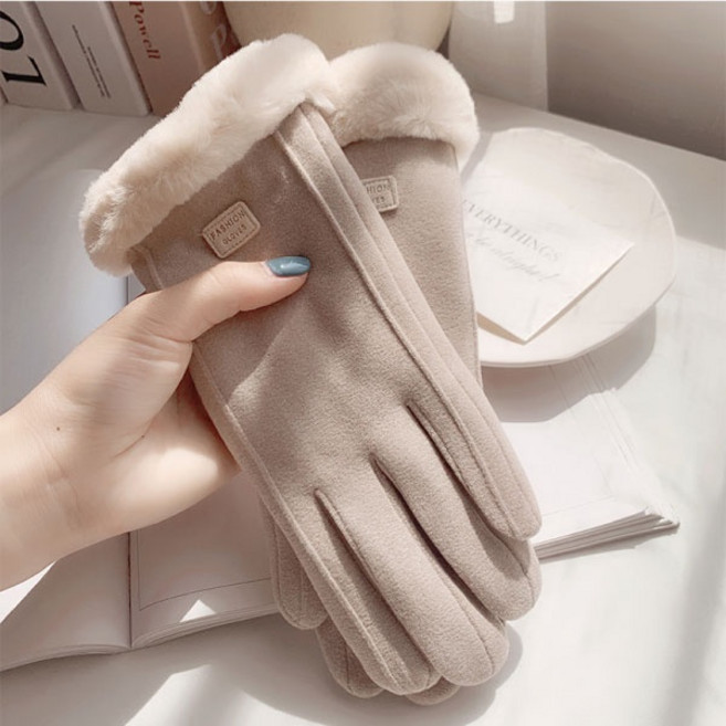 FASHION GLOVE 女生冬季保暖仿麂皮手套 絨毛袖口