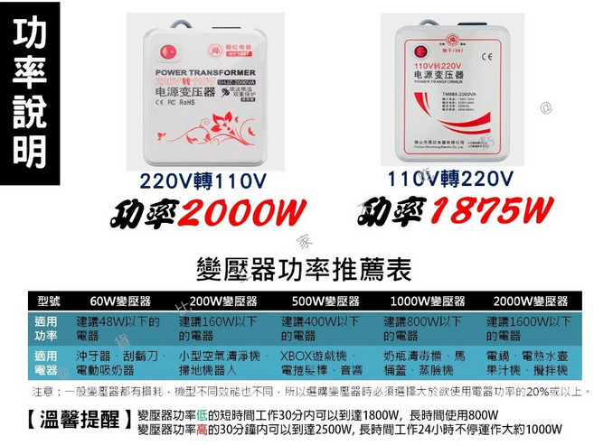 舜紅電源變壓器 大陸電器專用 雙向電壓轉換 過熱保護, 110V轉220V (1800W)