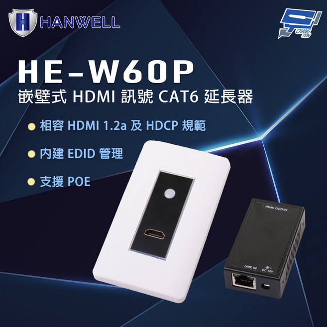 HANWELL HE-W60P 嵌壁式HDMI訊號CAT6延長器 相容HDMI 1.2a及HDCP規範 支援POE供電, 1個, 數量
