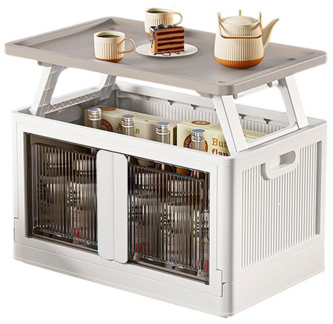 居家cheaper 雙開折疊收納桌 HE6040-2 折疊收納箱 邊桌 儲物箱, 奶油灰, 1個