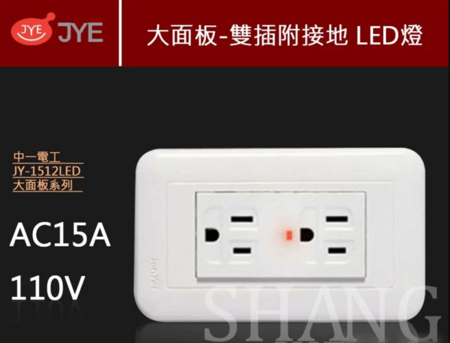 JYE 白色大面板雙插附接地漏電插座 附LED燈 110V, 1個