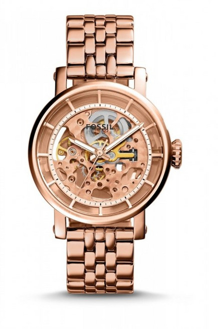 美國Fossil 機械女錶 玫瑰金錶殼 棕色皮革錶帶 自動上鍊