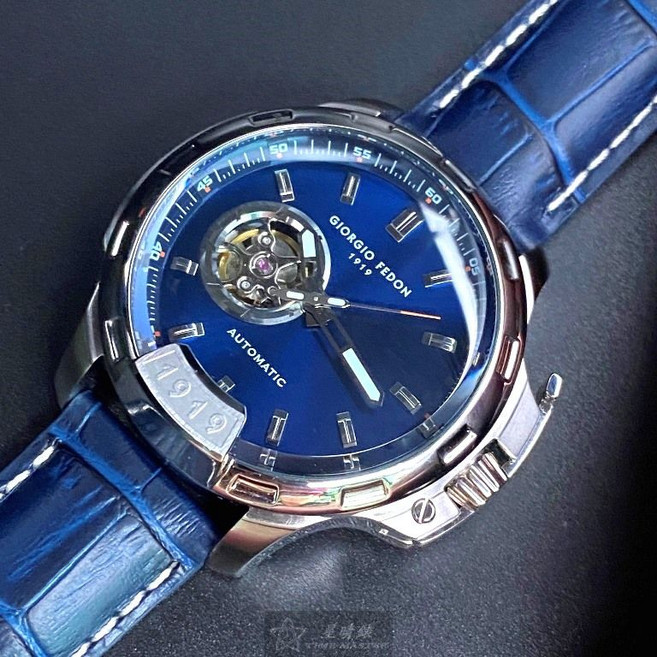 Giorgio Fedon 1919喬治飛登男錶 GF00008 46mm銀色精鋼錶殼 寶藍色鏤空透視真皮錶帶