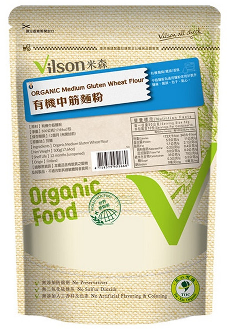 米森vilson 芬蘭有機中筋麵粉 500g, 1入