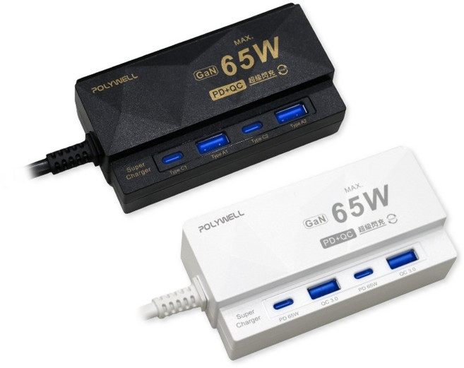 POLYWELL 65W USB超級閃充電器 適用QC充電器 PD充電器 TYPE-C充電器, UB-08 電源供應器-白色, 1個