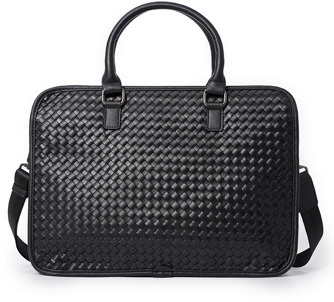 編織手提包 公事包 電腦包 單肩斜背包, 手工編織條紋時尚黑