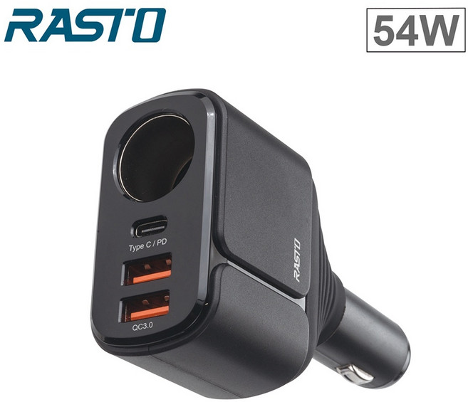 RASTO RB13 車用擴充54W PD雙QC3.0快速充電器 點菸器, Black